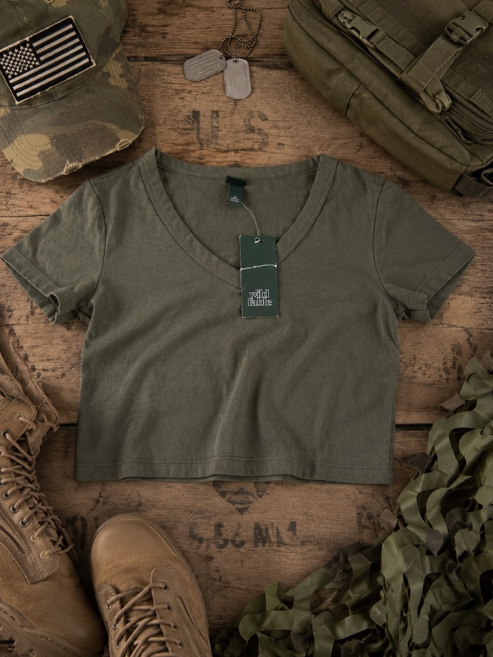 Wild Fable Olive Cropped V-Neck Tee